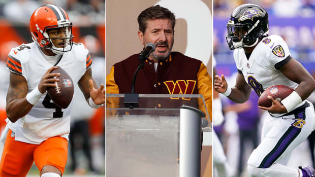 Separate photos of Deshaun Watson, Dan Snyder and Lamar Jackson